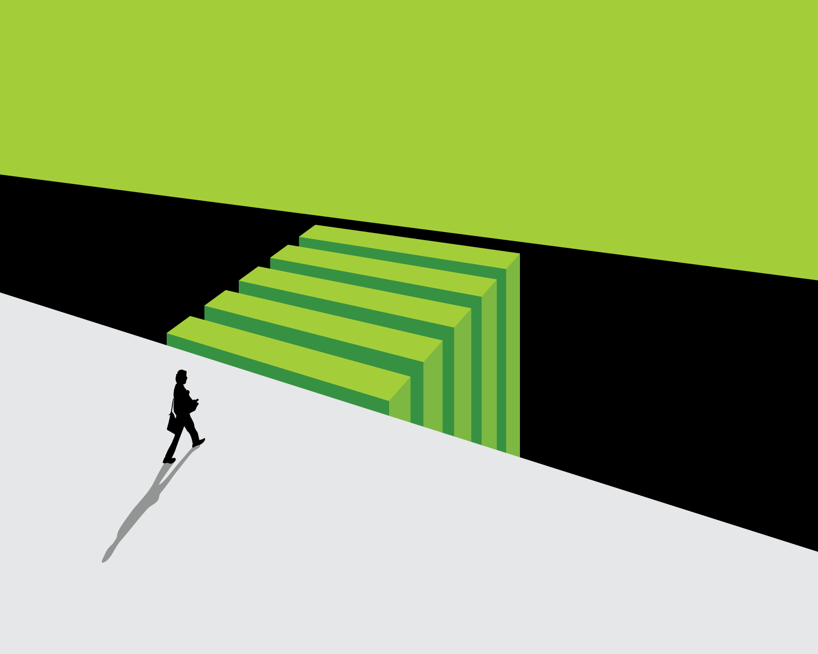 Illustration of a person walking toward a bridge supported by five pillars, symbolizing the transition from technical mastery to impactful leadership.