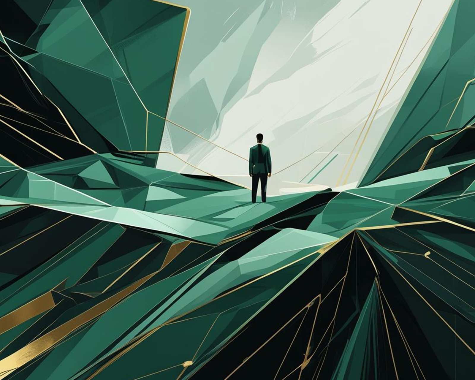 A stylized image of a person standing in the middle of a green abyss.