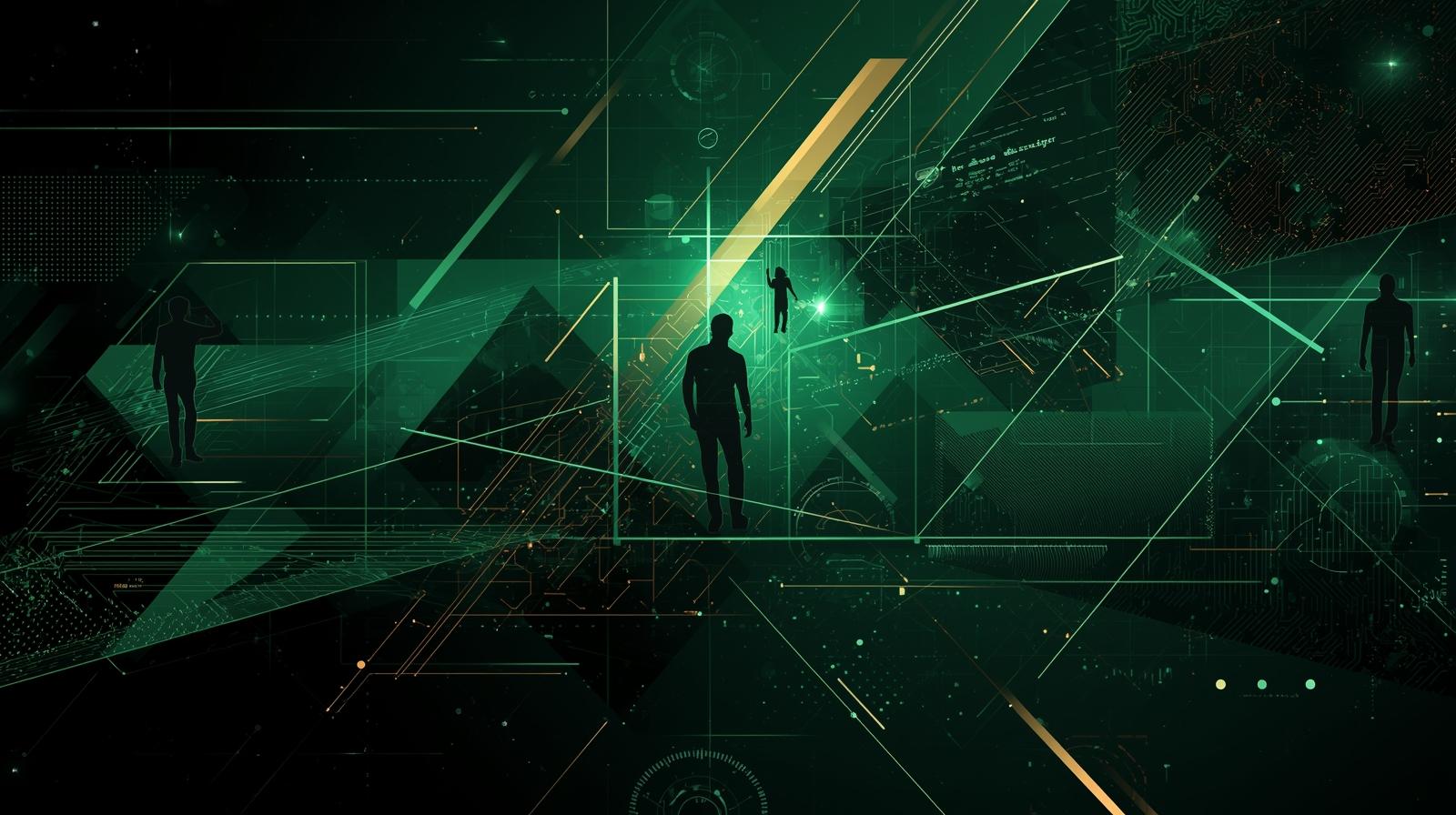 abstract image that shows humans in the midst of a dark green tech landscape with a gold slash through the image